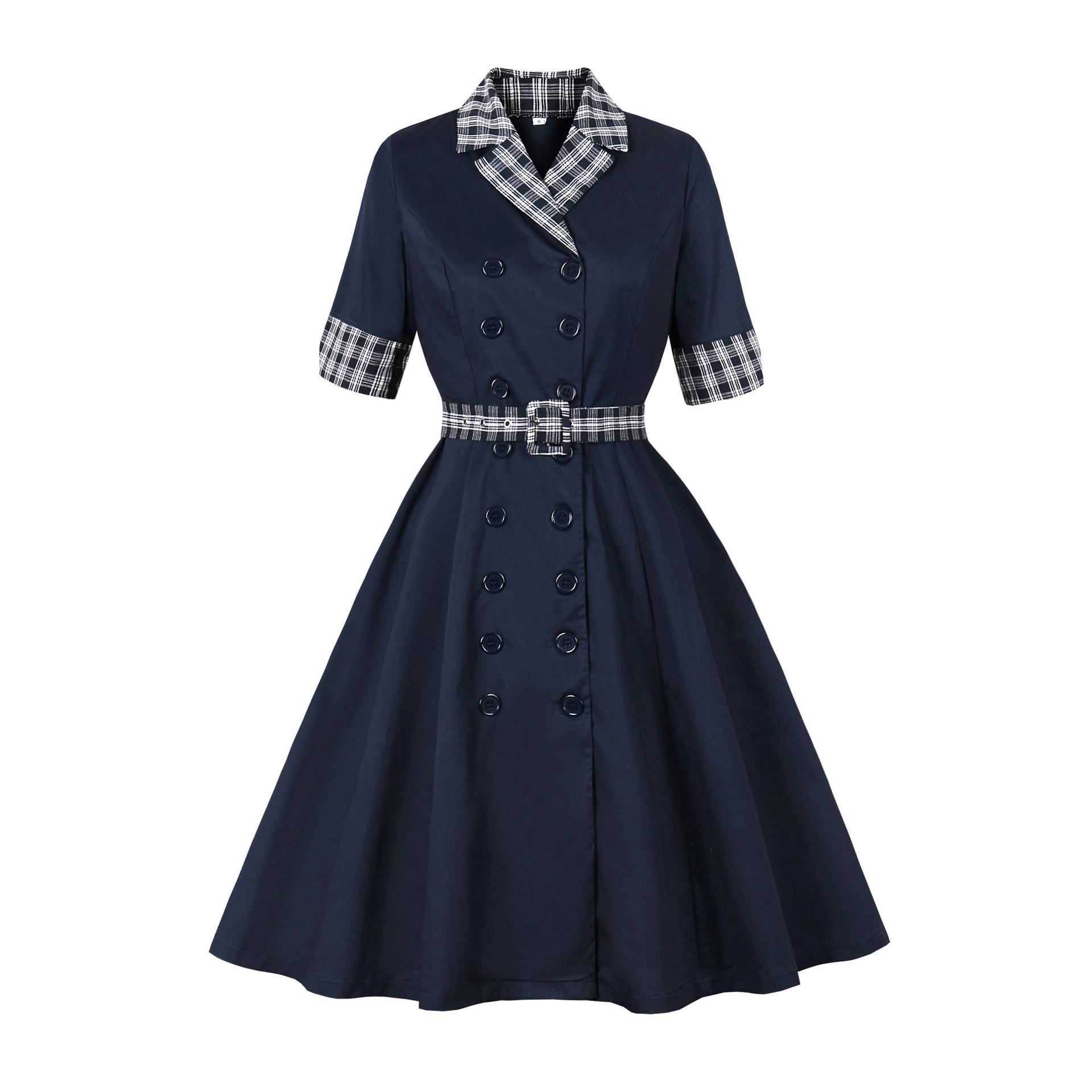 Cross-Border Retro Plaid Patchwork Dress - Elegant Double-Breasted, Belted, Large Swing with Mid-Sleeve Design Medium темно-синього кольору
Cross-Border Retro Plaid Patchwork Dress - Elegant Double-Breasted, Belted, Large Swing with Mid-Sleeve Design Medium темно-синього кольору