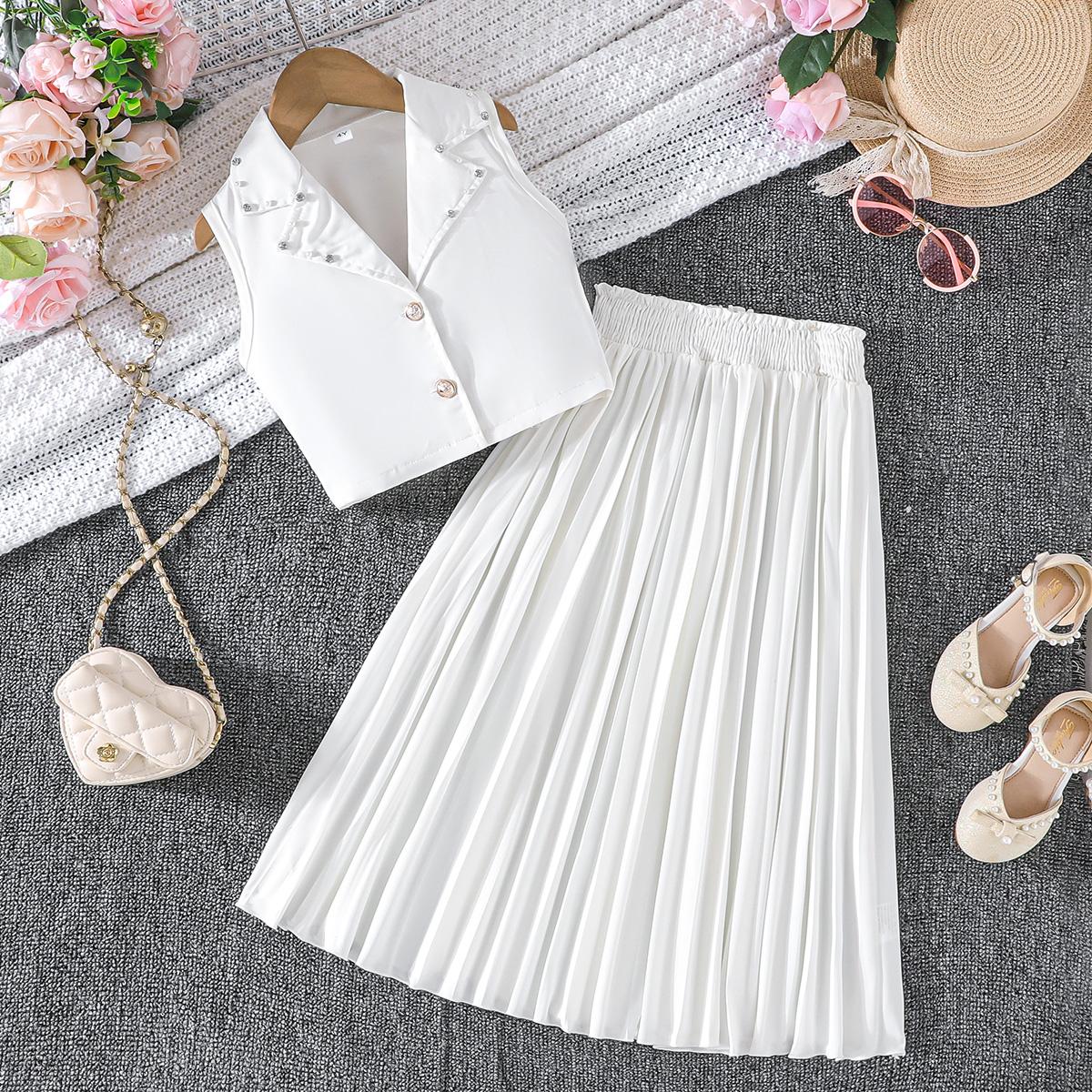 2PCS Girls Sleeveless Studded Blazer Vest + Pleated Skirt Set, Elegant 2-Piece Outfit for 2-7Y 7Y білий колір диму
2PCS Girls Sleeveless Studded Blazer Vest + Pleated Skirt Set, Elegant 2-Piece Outfit for 2-7Y 7Y білий колір диму