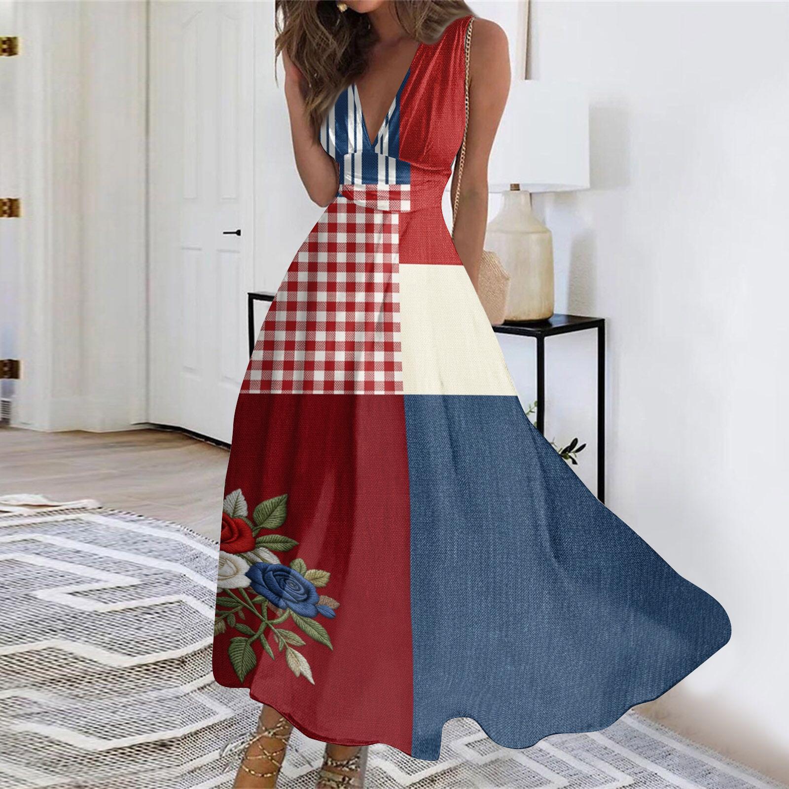Sleeveless V Neck Maxi Dress with Floral Print and Star Stripe Pattern Casual Loose Fit Long Dress for Women XL кавун червоний колір
Sleeveless V Neck Maxi Dress with Floral Print and Star Stripe Pattern Casual Loose Fit Long Dress for Women XL кавун червоний колір