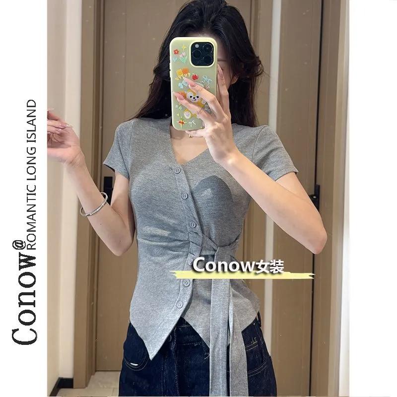 French Irregular Strap Temperament V-neck T-shirt Summer Top Simple Style Slimming Short Sleeves S сірий колір
French Irregular Strap Temperament V-neck T-shirt Summer Top Simple Style Slimming Short Sleeves S сірий колір