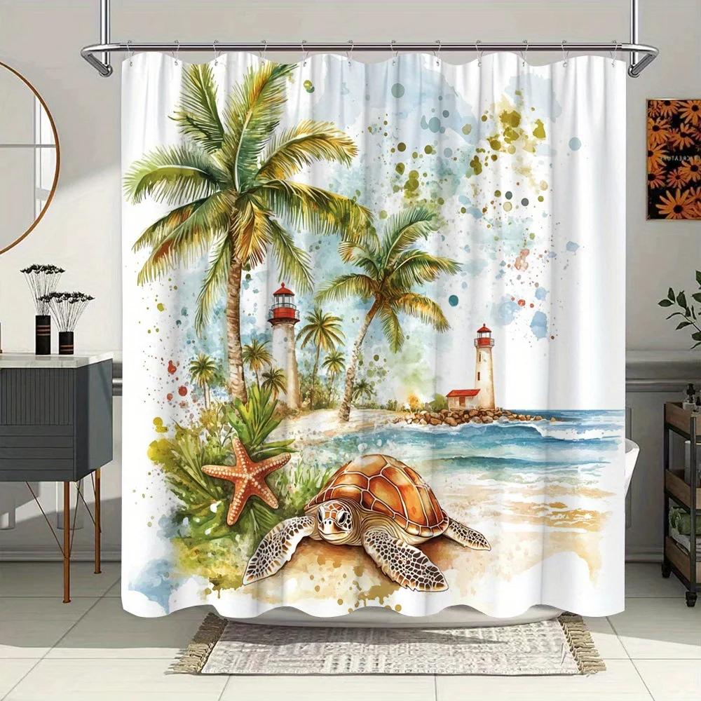 Tropical Beach Watercolor Shower Curtain - Brown Turtle, Palm Trees, Lighthouse, Starfish & Blue Ocean, Polyester W60H190(CM)-1 Pcs
Tropical Beach Watercolor Shower Curtain - Brown Turtle, Palm Trees, Lighthouse, Starfish & Blue Ocean, Polyester W60H190(CM)-1 Pcs
