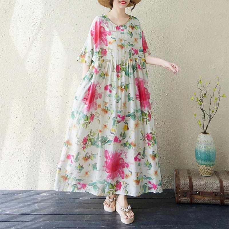 Real shot summer thin cotton and linen round neck short sleeve simple flower bohemian medium and long foreign trade dress women Large size average size
Real shot summer thin cotton and linen round neck short sleeve simple flower bohemian medium and long foreign trade dress women Large size average size