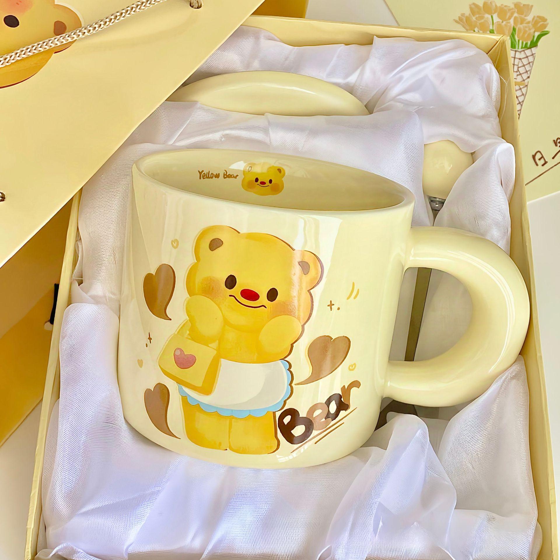 Милая керамическая кружка Butter Bear с крышкой, ложкой и привлекательным внешним видом, подарок на день рождения для девочек, подарок лучшему другу 301-400ml