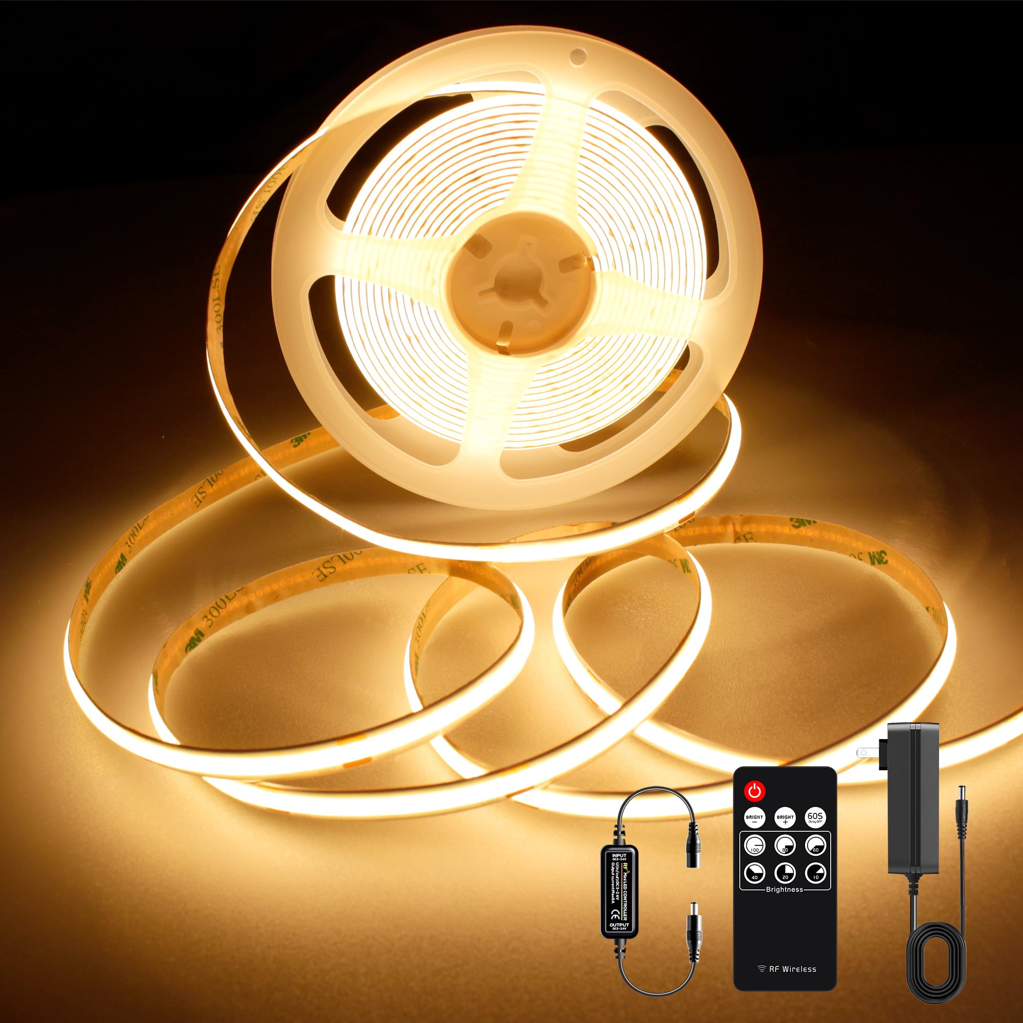 AXMOTUT 3m COB LED Strip Light, 24V, Warm White, 2700K, High Brightness, Dimmable, High Density, Flexible LED Strip Light with RF Remote and PSE
AXMOTUT 3m COB LED Strip Light, 24V, Warm White, 2700K, High Brightness, Dimmable, High Density, Flexible LED Strip Light with RF Remote and PSE