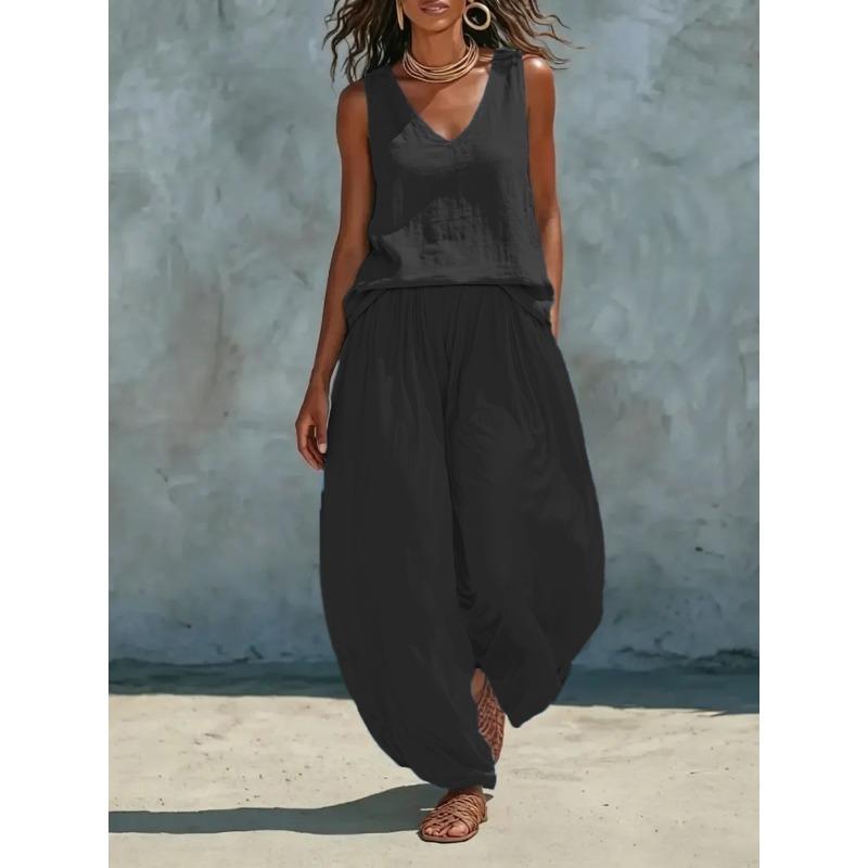 women s Solid Color V Neck Sleeveless Tank Top Wide Leg Palazzo Pants Linen Blend Two Piece Vacation Outfit Set 3XL чорний
women s Solid Color V Neck Sleeveless Tank Top Wide Leg Palazzo Pants Linen Blend Two Piece Vacation Outfit Set 3XL чорний