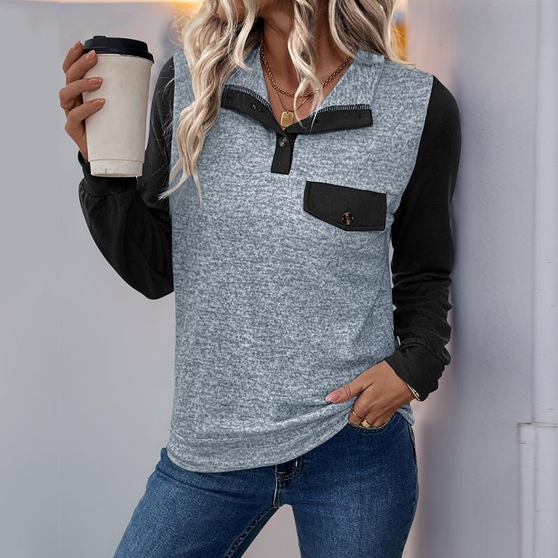 YYFS Женская модная повседневная весенне-осенняя блузка с длинным рукавом и принтом в стиле колор-блок, с воротником поло M светло-синий