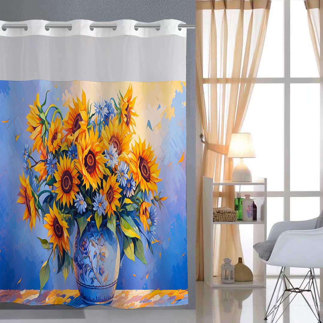 No Hook Sunflower Pattern Shower Curtain With Snap-In Fabric Liner, Sheer Top Window, Waterproof Double Layer Bathtub Curtain W60H190(CM)-1 Pcs
No Hook Sunflower Pattern Shower Curtain With Snap-In Fabric Liner, Sheer Top Window, Waterproof Double Layer Bathtub Curtain W60H190(CM)-1 Pcs