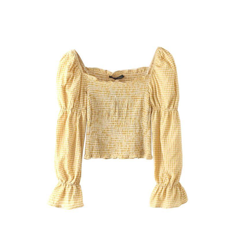 Summer Retro off-the-Shoulder Puff Sleeves Top Plaid Shirt Yellow S
Summer Retro off-the-Shoulder Puff Sleeves Top Plaid Shirt Yellow S