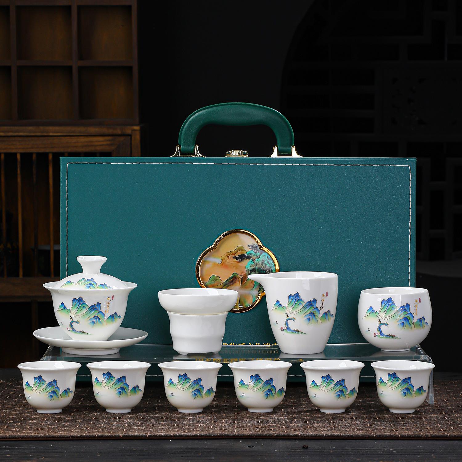 High-grade suet jade white porcelain ink bowl cover kung fu tea set gift box, a complete set of bowl cover ceramic souvenirs
High-grade suet jade white porcelain ink bowl cover kung fu tea set gift box, a complete set of bowl cover ceramic souvenirs