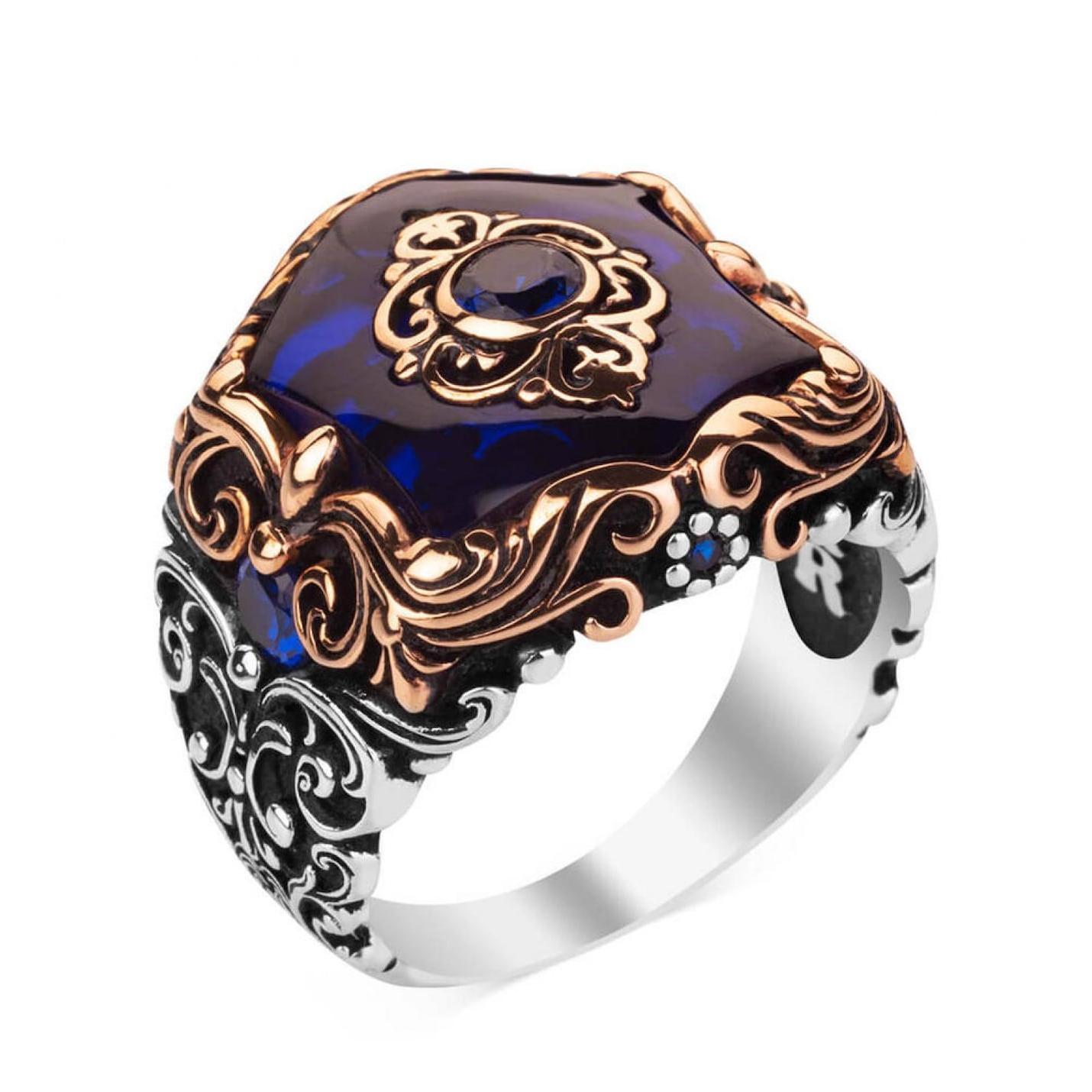 Плитка Модель Циркон Синий Камень Серебряное мужское кольцо