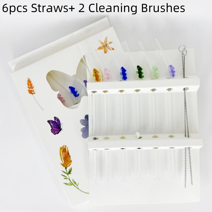 8 шт./упак. Медведь Стеклянная соломинка Бытовая Цветная Высокотемпературная Устойчивая к низким температурам Изогнутая соломинка Подарочный набор с чисткой