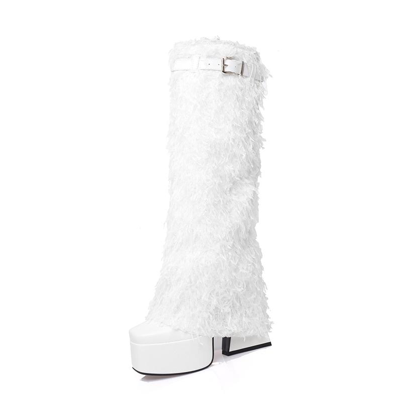 2025 Большой размер Страусиное перо Сращивание ПУ Мода Мода Женские ботфорты до колена Квадратный носок Высокая платформа Преувеличенные арт-ботинки 39 белый
