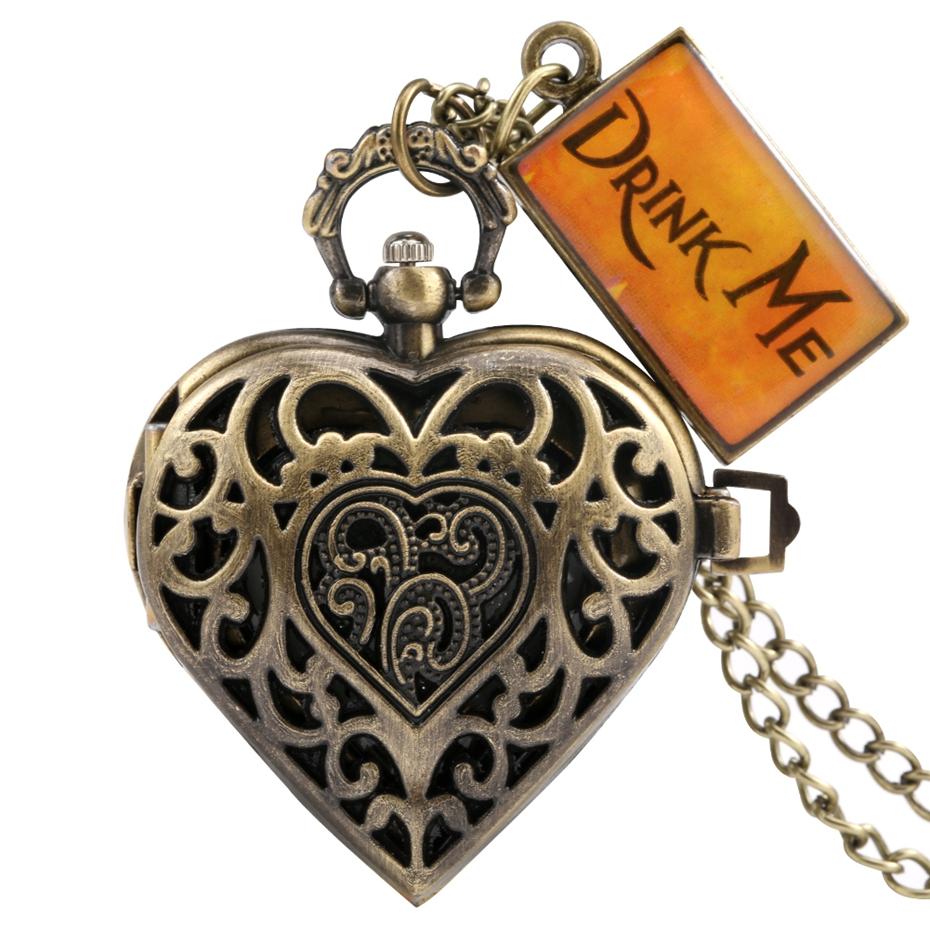 Antique Bronze Themed Love Heart Shape Hollow Case Design Necklace Quartz Pocket Watch Chain Pendant with Drink Me Tag Accessory
Antique Bronze Themed Love Heart Shape Hollow Case Design Necklace Quartz Pocket Watch Chain Pendant with Drink Me Tag Accessory