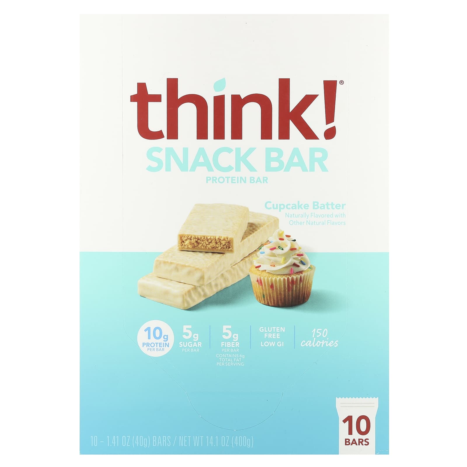 Think!, Snack Protein Bar, Cupcake Batter, 10 Bars, 40G (1.41Oz) Each
Think!, Snack Protein Bar, Cupcake Batter, 10 Bars, 40G (1.41Oz) Each