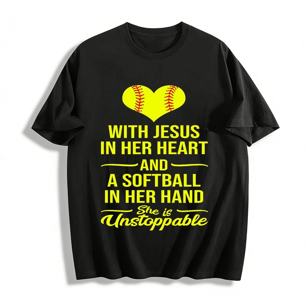 With Jesus In Her Heart Softball In Hand Unstoppable Graphic Tee Pure cotton T-shirt XXS
With Jesus In Her Heart Softball In Hand Unstoppable Graphic Tee Pure cotton T-shirt XXS