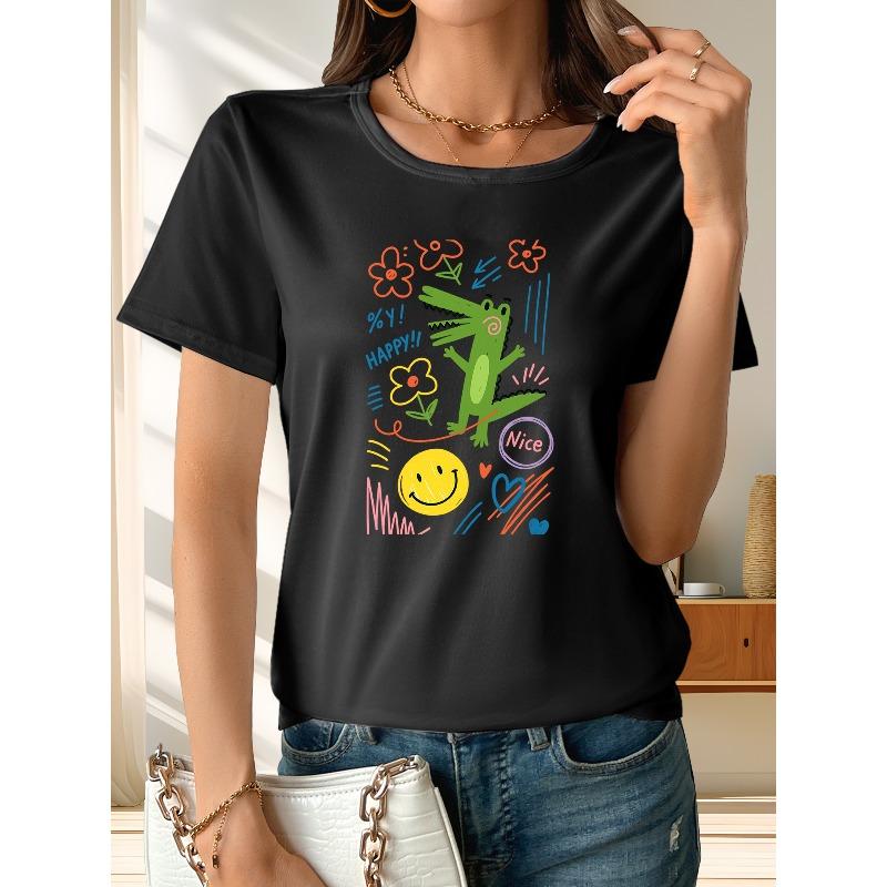 Women S Happy Not Bad Little Crocodile Print Short Sleeve T-shirt Machine Washable, Fashionable Style, Printed Pattern Round Neck, Casual Summer Top 4XL
Women S Happy Not Bad Little Crocodile Print Short Sleeve T-shirt Machine Washable, Fashionable Style, Printed Pattern Round Neck, Casual Summer Top 4XL