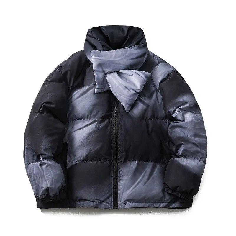 Winter Japanese Black Gradient Thickened Parker Coat Men Detachable Scarf Stand Neck Zipper Coat Couple Street Fashion Loose Top