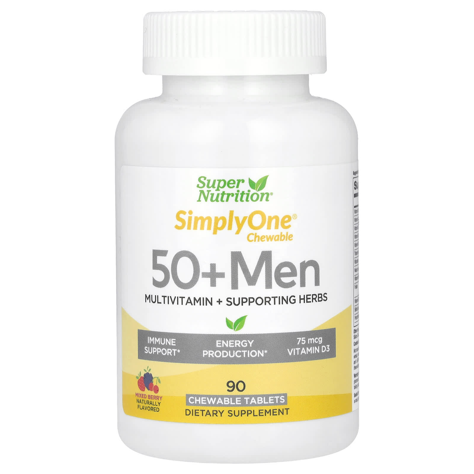 Super Nutrition, SimplyOne, мультивітаміни + корисні трави для чоловіків старше 50 років, ягідний смак, 90 жувальних таблеток
Super Nutrition, SimplyOne, мультивітаміни + корисні трави для чоловіків старше 50 років, ягідний смак, 90 жувальних таблеток