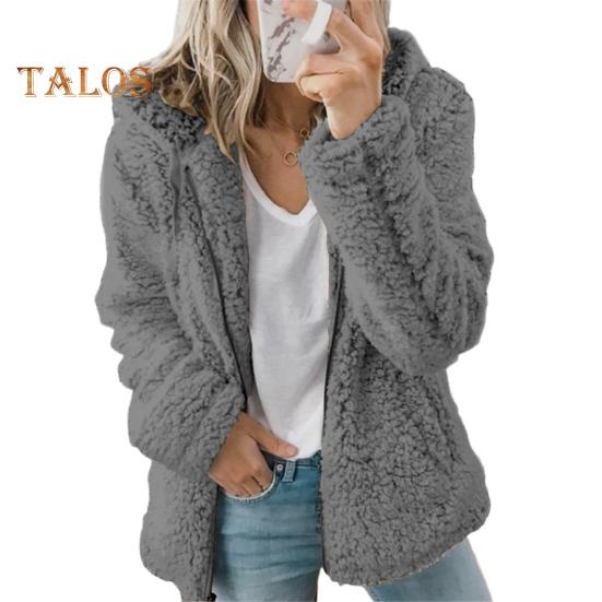 Женская зимняя короткая куртка из флиса Sherpa с капюшоном, кардиган на молнии, теплая повседневная однотонная плюшевая ветрозащитная куртка для осени и зимы S темно-серого