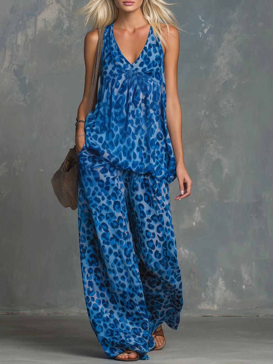 European Leopard Print Sleeveless Top & Chiffon Wide-Leg Pants Set for Women Small синій
European Leopard Print Sleeveless Top & Chiffon Wide-Leg Pants Set for Women Small синій