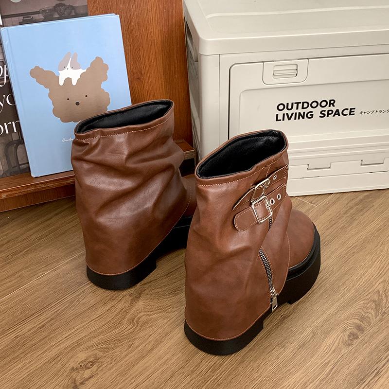 Винтажные женские туфли в стиле вестерн-ковбой с пряжкой на поясе, осенне-зимние туфли на платформе, женские короткие ботильоны в стиле рыцаря 35