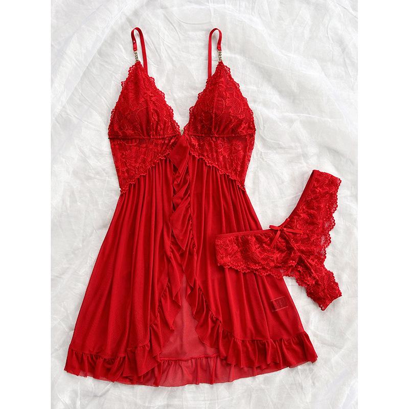 European & American Two-Piece Lingerie Set: Sexy V-Neck Mesh Camisole Nightdress Extra Large вина червоного кольору
European & American Two-Piece Lingerie Set: Sexy V-Neck Mesh Camisole Nightdress Extra Large вина червоного кольору