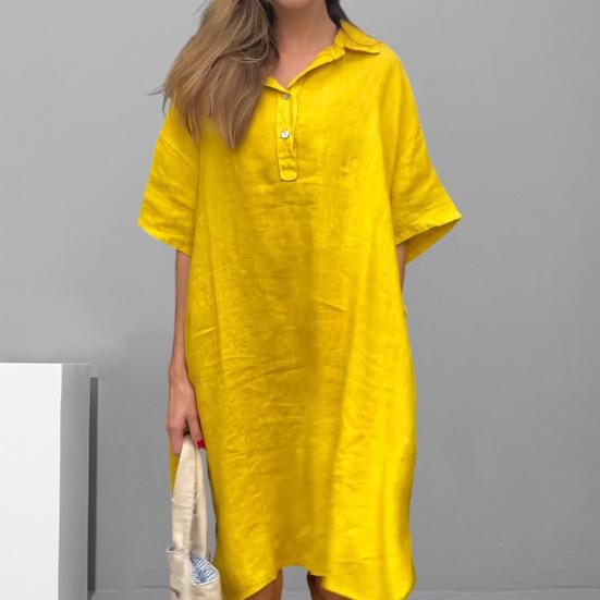 Yousheng Lady Summer Dress Turn-down Collar Loose Irregular Hem Loose Pure Color Knee Length Mid Sleeves A-line Casual Daily Wear Midi Dress M жёлтый
Yousheng Lady Summer Dress Turn-down Collar Loose Irregular Hem Loose Pure Color Knee Length Mid Sleeves A-line Casual Daily Wear Midi Dress M жёлтый