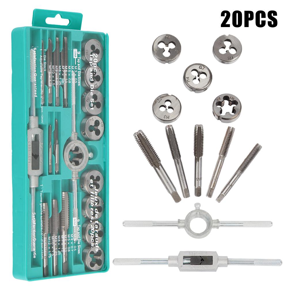 Ключ из сплава Винт M3-M12 Винт с резьбой Метрические метчики Гаечные штампы Инструменты для нарезания резьбы Набор метчиков и матриц, 20 шт.