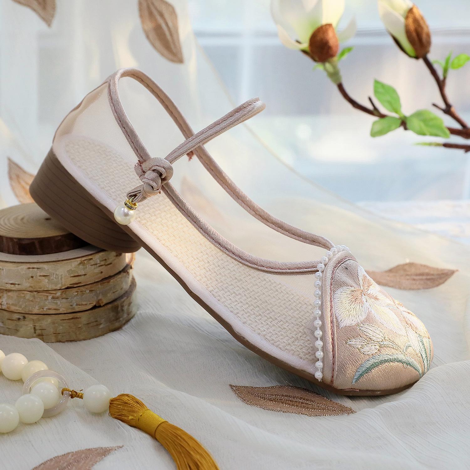 Сетчатые туфли с рифленым узором из нефрита, новые туфли на низком каблуке для ношения с ципао и ханьфу, одинарные туфли в этническом стиле, вышитые туфли 40 шампанского