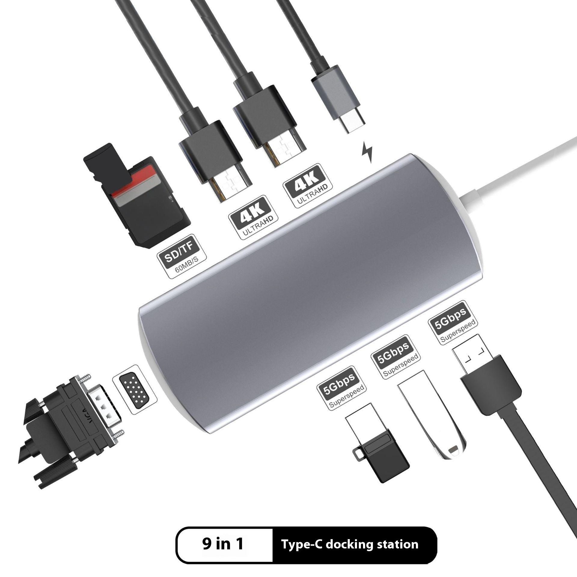 9-in-1 USB Hub Type-C to USB-C+3xUSB3.0+SD/TF Card Slot+2xHD+VGA Adapter Docking Station As Shown A
9-in-1 USB Hub Type-C to USB-C+3xUSB3.0+SD/TF Card Slot+2xHD+VGA Adapter Docking Station As Shown A