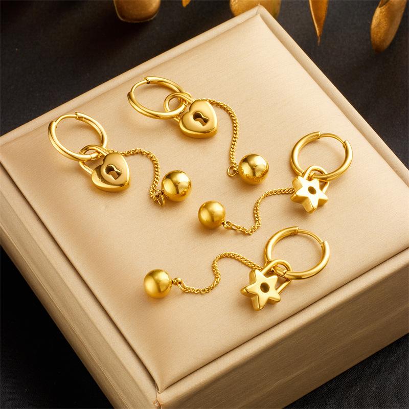 Gold Plated Stainless Steel Star Lock Hoop Earrings with Ball Chain Tassel for Women золотой
Gold Plated Stainless Steel Star Lock Hoop Earrings with Ball Chain Tassel for Women золотой