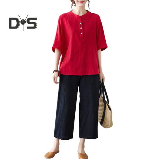 Женский повседневный комплект из двух предметов с рукавом 3/4, круглым вырезом на пуговицах, широкими брюками, летний свободный наряд для дома M красный
Женский повседневный комплект из двух предметов с рукавом 3/4, круглым вырезом на пуговицах, широкими брюками, летний свободный наряд для дома M красный