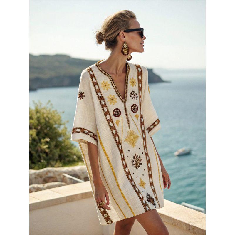 New Amazon Women s Clothing Super Fairy V-Neck Dress Seaside Vacation Beach Dress Printed Loose Mid-Length Dress Golden Prismatic Diagram S
New Amazon Women s Clothing Super Fairy V-Neck Dress Seaside Vacation Beach Dress Printed Loose Mid-Length Dress Golden Prismatic Diagram S