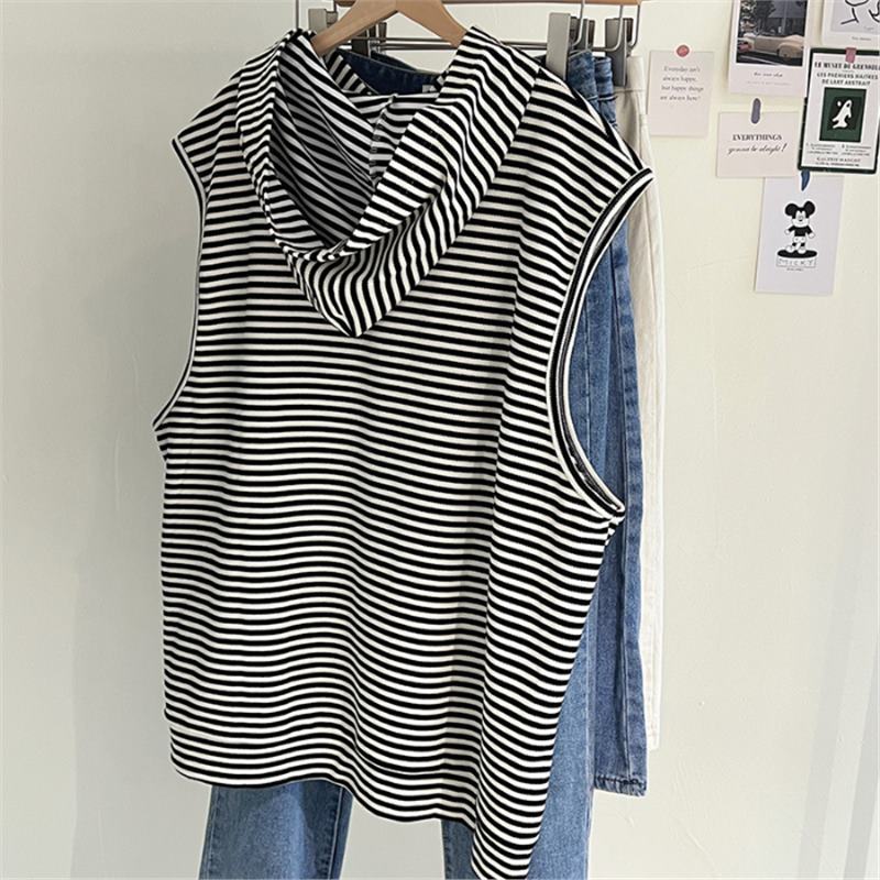 Женская полосатая толстовка без рукавов с капюшоном, новая американская свободная многослойная толстовка-жилет на весну и осень L бежевый