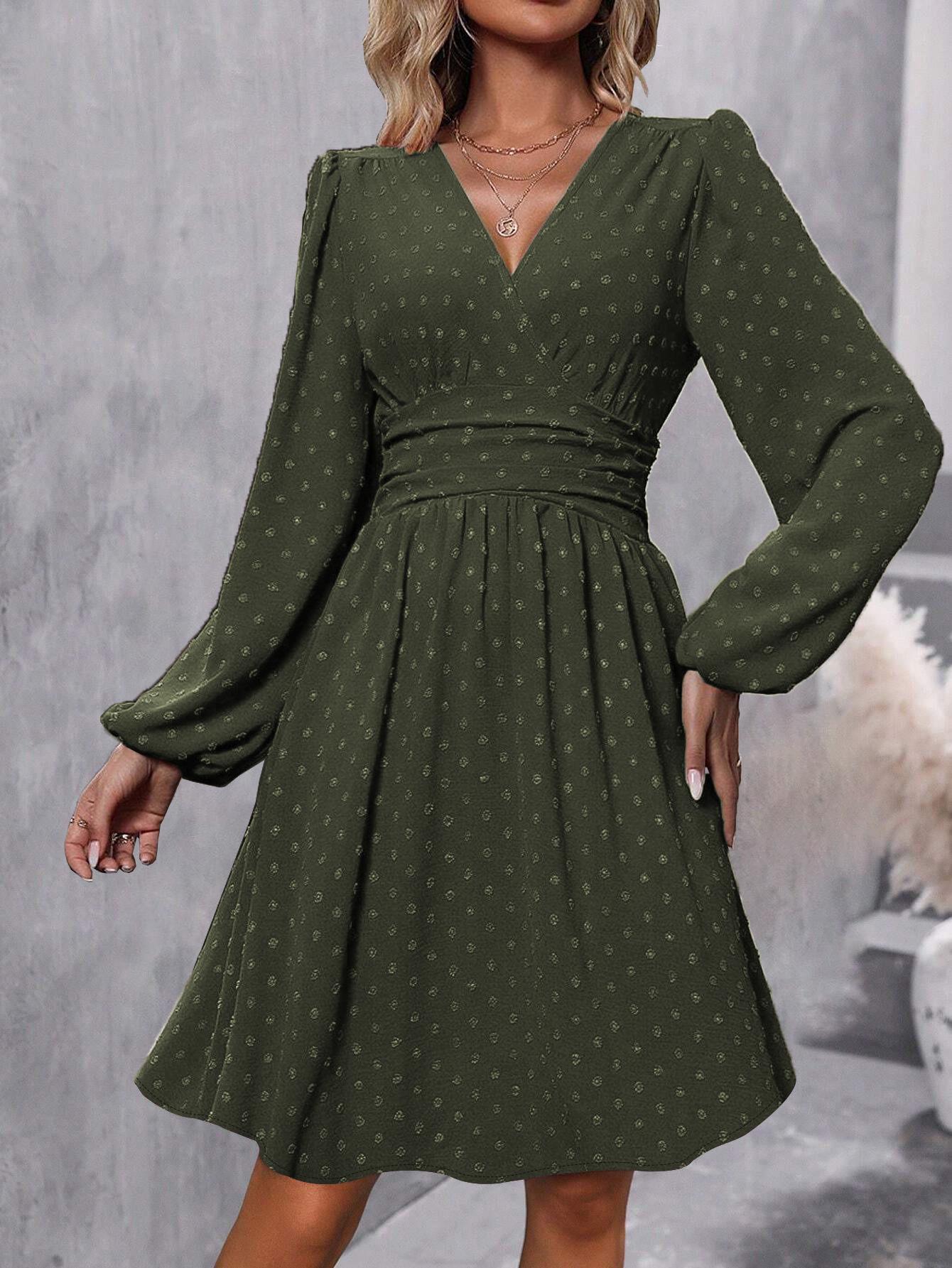 Women s Jacquard V-Neck Lantern Sleeve Ruched Dress in Black, Navy, Wine Red, Army Green - Autumn/Winter Collection Large армія зелений колір
Women s Jacquard V-Neck Lantern Sleeve Ruched Dress in Black, Navy, Wine Red, Army Green - Autumn/Winter Collection Large армія зелений колір