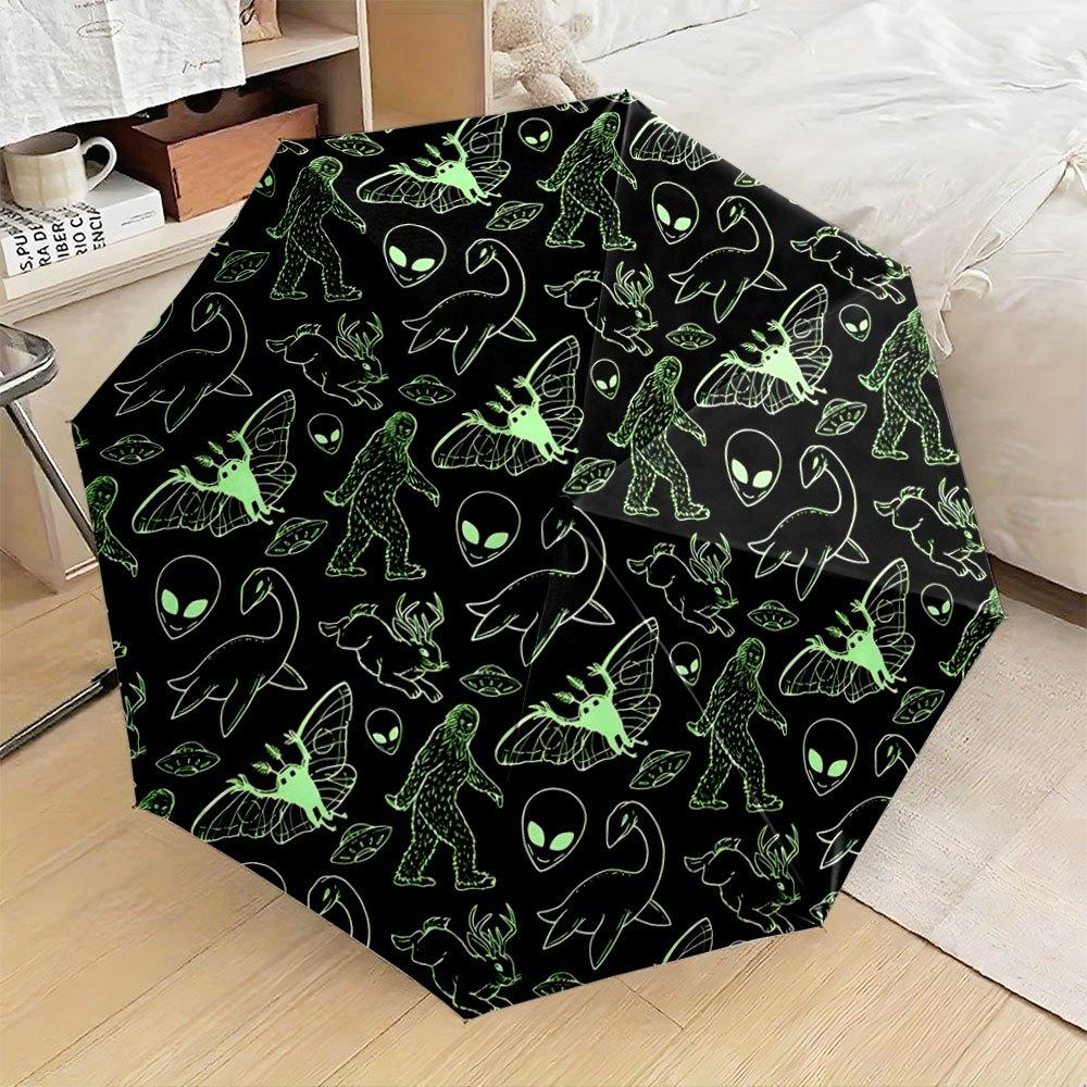 Folding Umbrella The umbrella features neon green line art patterns of alien heads, Bigfoot silhouettes, and the Loch Ness Mon (as the picture,iron&8K)
Folding Umbrella The umbrella features neon green line art patterns of alien heads, Bigfoot silhouettes, and the Loch Ness Mon (as the picture,iron&8K)