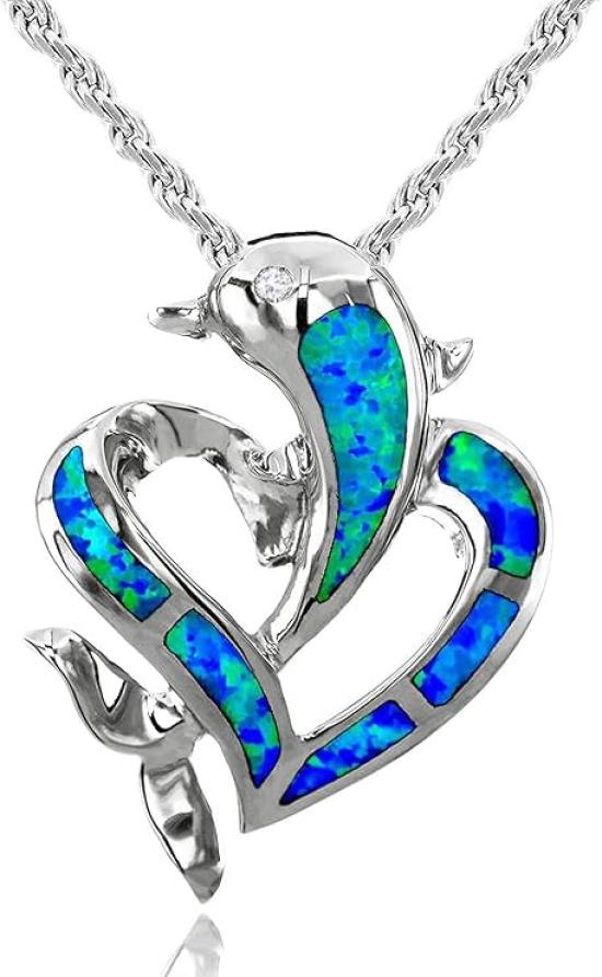Leilani Hawaiian Jewelry Blue Opal Heart Dolphin Silver Necklace Pendant in 925 Sterling Silver with CZ (40cm Rope Chain)
Leilani Hawaiian Jewelry Blue Opal Heart Dolphin Silver Necklace Pendant in 925 Sterling Silver with CZ (40cm Rope Chain)