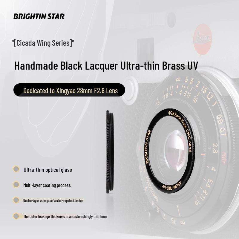 8-Star 28mm F2.8 Lens UV Filter: 25.5mm Handmade Black Lacquer, Ultra-Thin Brass with Multi-Layer Coating.
8-Star 28mm F2.8 Lens UV Filter: 25.5mm Handmade Black Lacquer, Ultra-Thin Brass with Multi-Layer Coating.