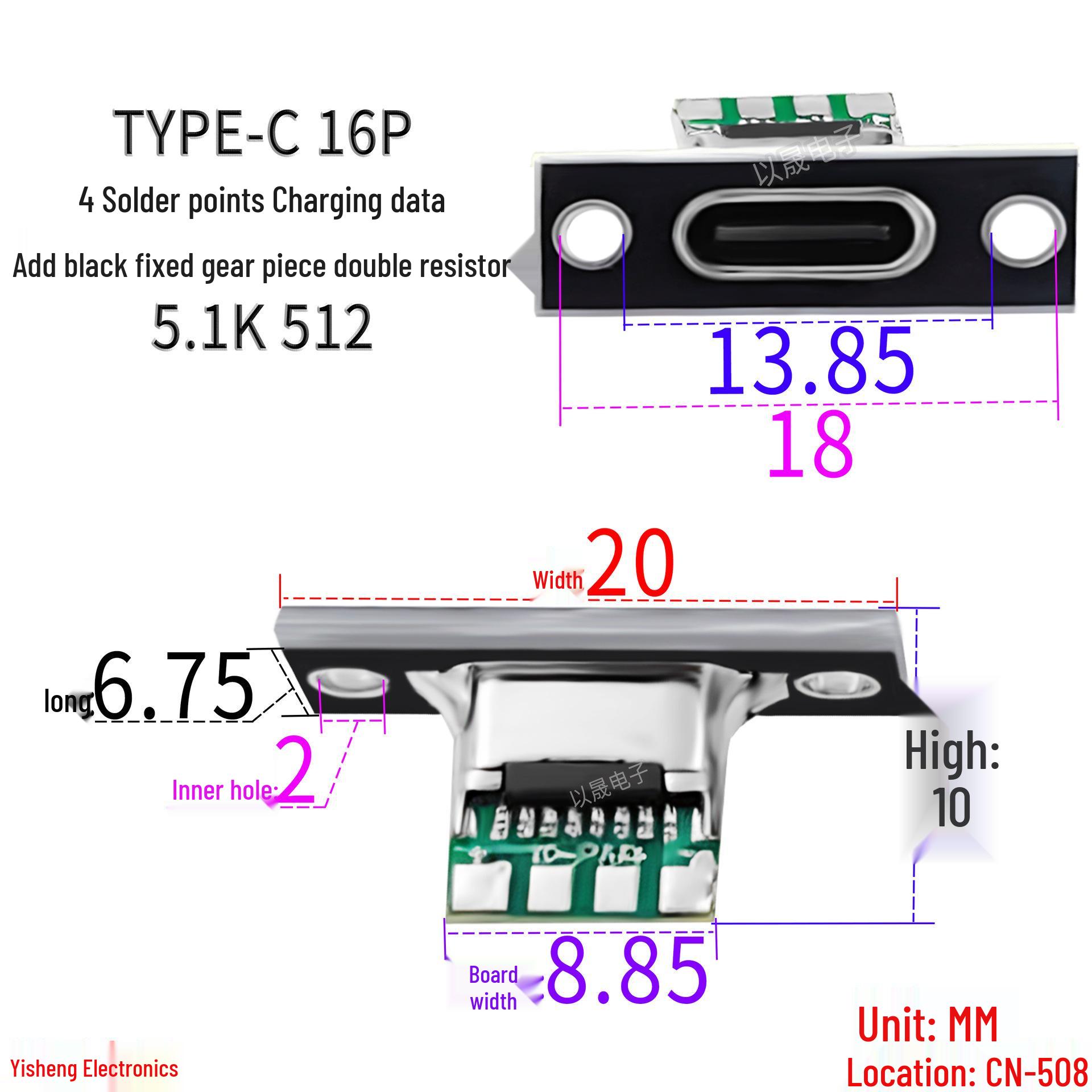 USB Type-C Female Port, 16P, 4 Solder Points, Black, with 5.1K Dual Resistor and Fixing Tabs for Charging and Data Transfer.
USB Type-C Female Port, 16P, 4 Solder Points, Black, with 5.1K Dual Resistor and Fixing Tabs for Charging and Data Transfer.
