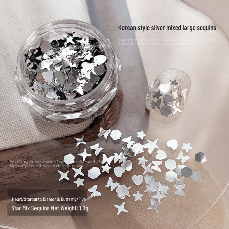 Набор для нейл-арта с серебряным глиттером 2025: Аксессуары Звезда, Сердце, Звезда и Бабочка
Набор для нейл-арта с серебряным глиттером 2025: Аксессуары Звезда, Сердце, Звезда и Бабочка