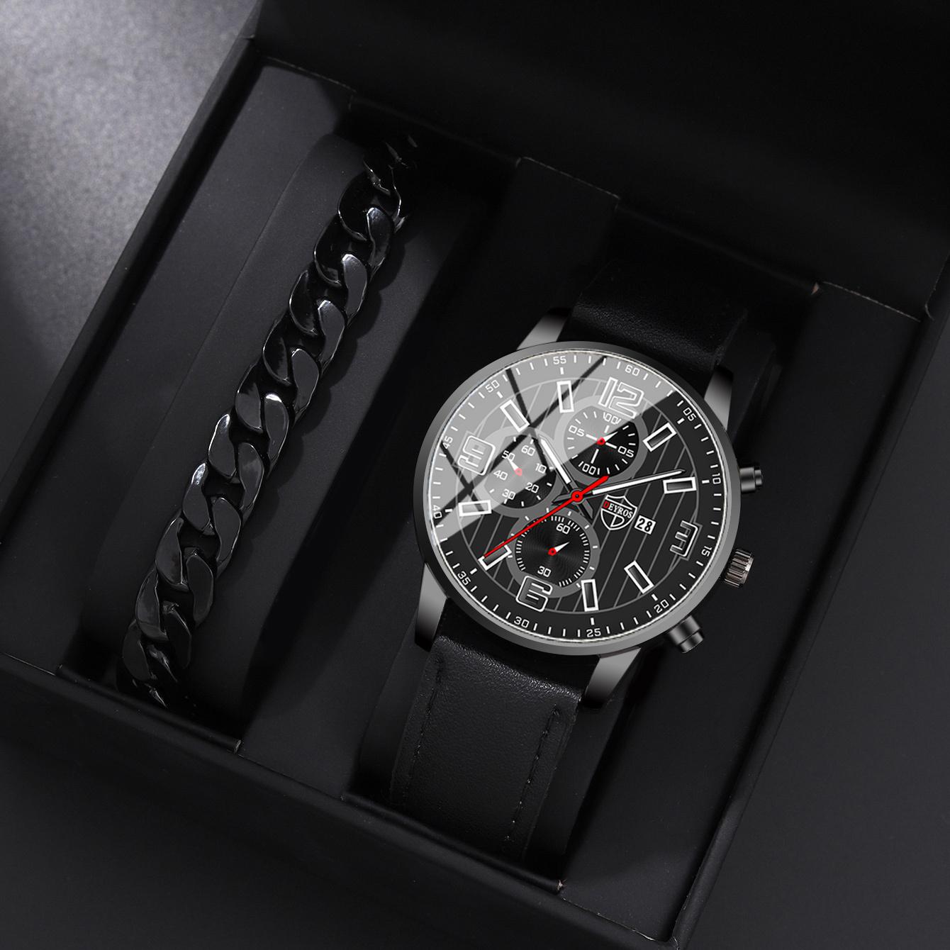 Набор из 2 предметов DEYROS, модные мужские часы, роскошные мужские часы с календарем, деловые мужские кварцевые часы с кожаным ремешком, подарки на День отца
Набор из 2 предметов DEYROS, модные мужские часы, роскошные мужские часы с календарем, деловые мужские кварцевые часы с кожаным ремешком, подарки на День отца