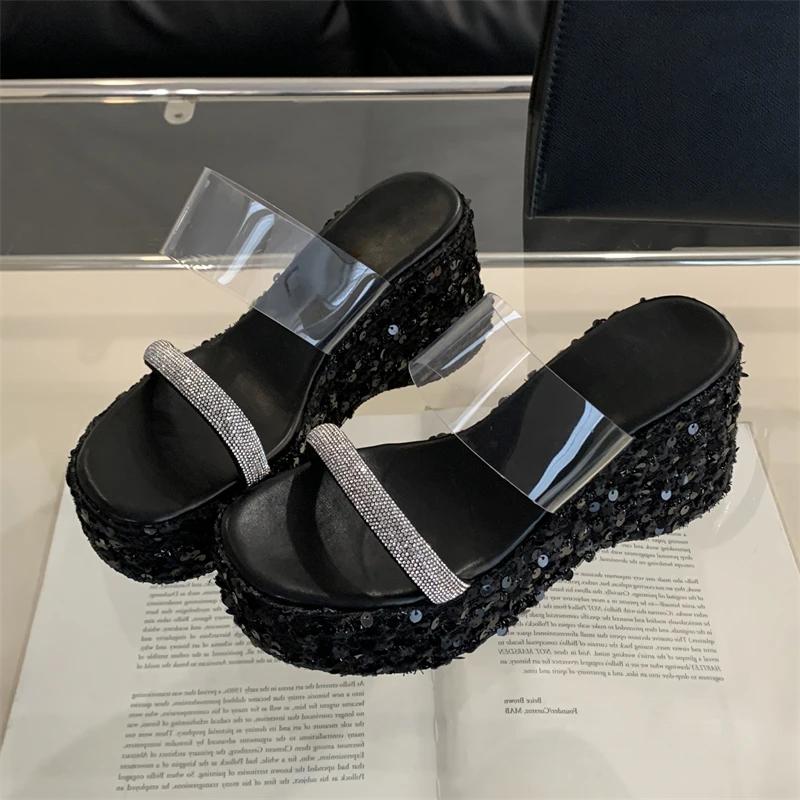 Модные летние шлепанцы Eilyken в уличном стиле, прозрачные из ПВХ с кристаллами и пайетками, женские шлепанцы, модные туфли на высоком каблуке, платформа, танкетки 35 чёрный