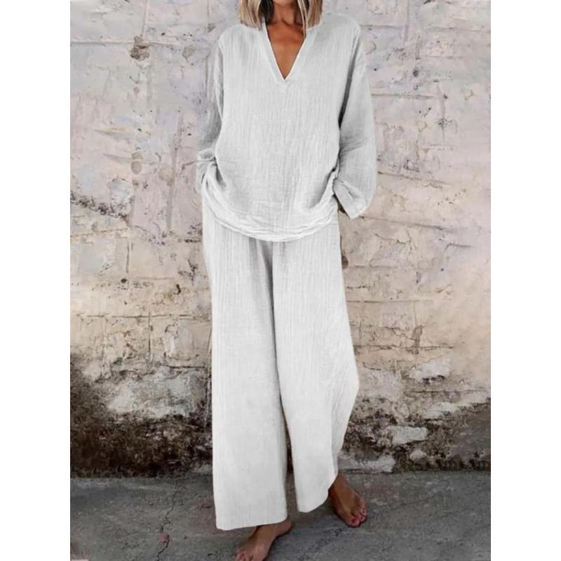 Summer Elegant Cotton Linen 2-piece Set V-neck Pullover Top Long Pant Set Women Casual Long Sleeve Loose Solid Outfits XS белый
Summer Elegant Cotton Linen 2-piece Set V-neck Pullover Top Long Pant Set Women Casual Long Sleeve Loose Solid Outfits XS белый