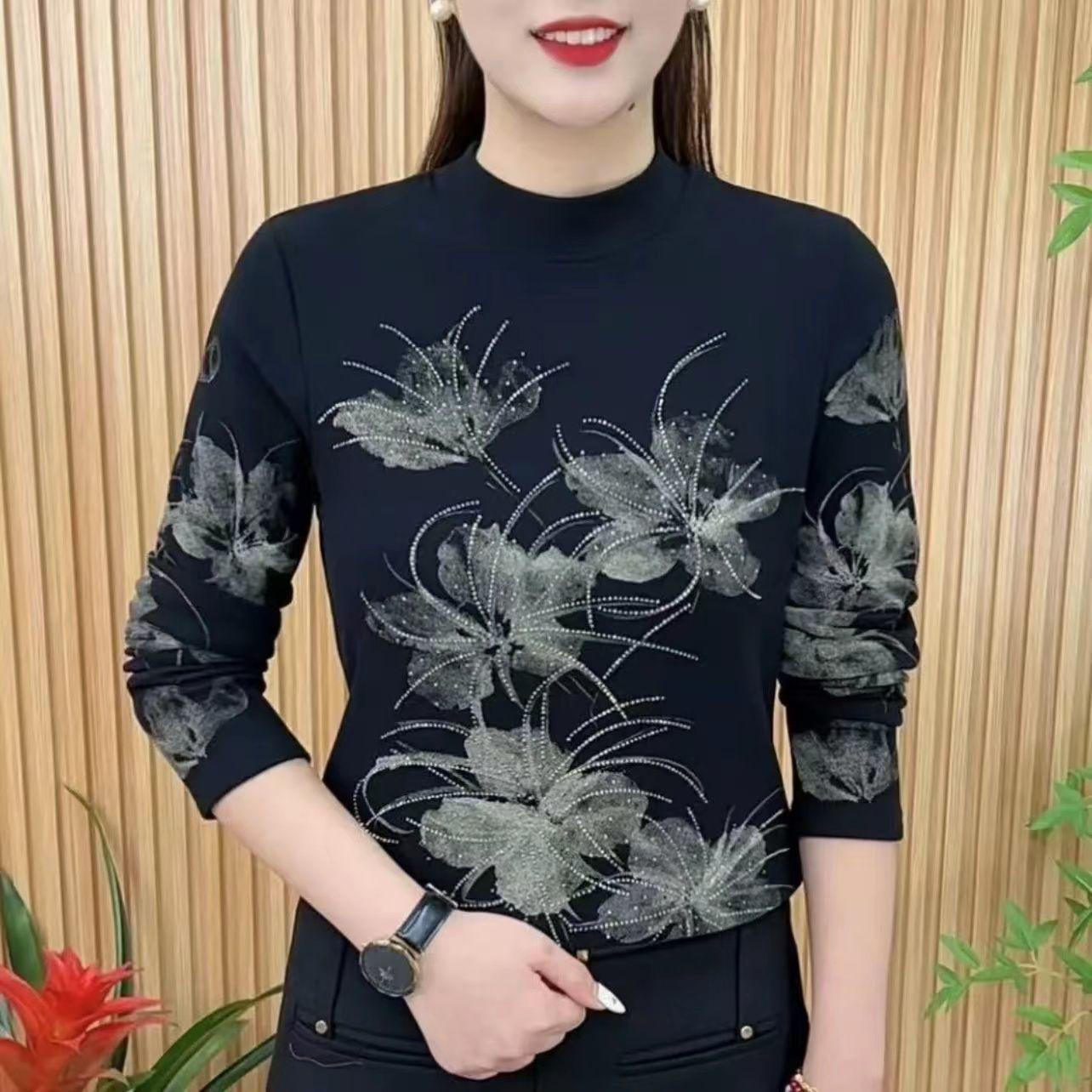 Autumn/Winter Stylish Semi-High Neck Rhinestone Long-Sleeve Slimming Top for Moms 4XL чорний
Autumn/Winter Stylish Semi-High Neck Rhinestone Long-Sleeve Slimming Top for Moms 4XL чорний