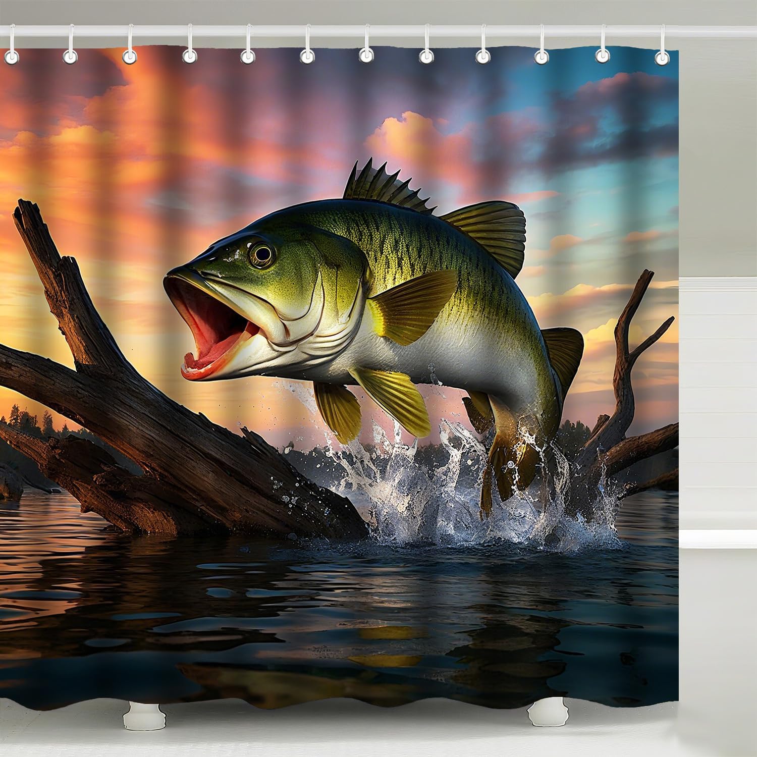 Large Mouth Bass Fish Shower Curtain, Fishing Lake Scene At Sunset Design, Waterproof Washable Fabric Bathroom Decor W60H190(CM)-1 Pcs
Large Mouth Bass Fish Shower Curtain, Fishing Lake Scene At Sunset Design, Waterproof Washable Fabric Bathroom Decor W60H190(CM)-1 Pcs