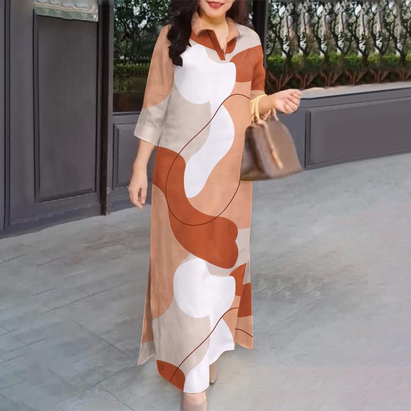 ZANZEA Женское Повседневное Платье Свободного Покроя С Отложным Воротником И Принтом Рукавом 3/4 4XL