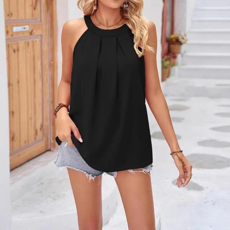Women s Pleated Halter Round Neck Sleeveless Loose Fit Cami Top Casual Summer Tank Top Blouse S чёрный
Women s Pleated Halter Round Neck Sleeveless Loose Fit Cami Top Casual Summer Tank Top Blouse S чёрный
