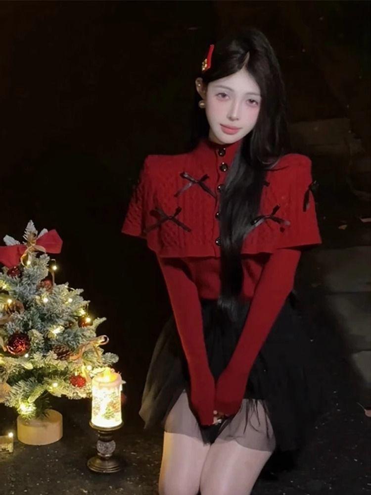 Red Bow High Neck Cable Knit Sweater – Women s Autumn/Winter Cape Shawl, Two-Piece Knitted Top Small
Red Bow High Neck Cable Knit Sweater – Women s Autumn/Winter Cape Shawl, Two-Piece Knitted Top Small
