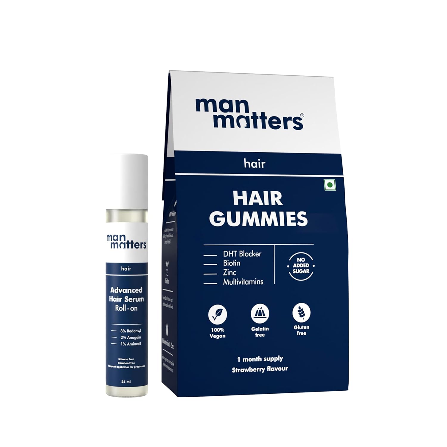 Man Matters Stage 1 Hair Care Pack With Biotin Gummies 30N And Roll On Serum 25 ml For Stronger Roots And Daily Hair Routine
Man Matters Stage 1 Hair Care Pack With Biotin Gummies 30N And Roll On Serum 25 ml For Stronger Roots And Daily Hair Routine