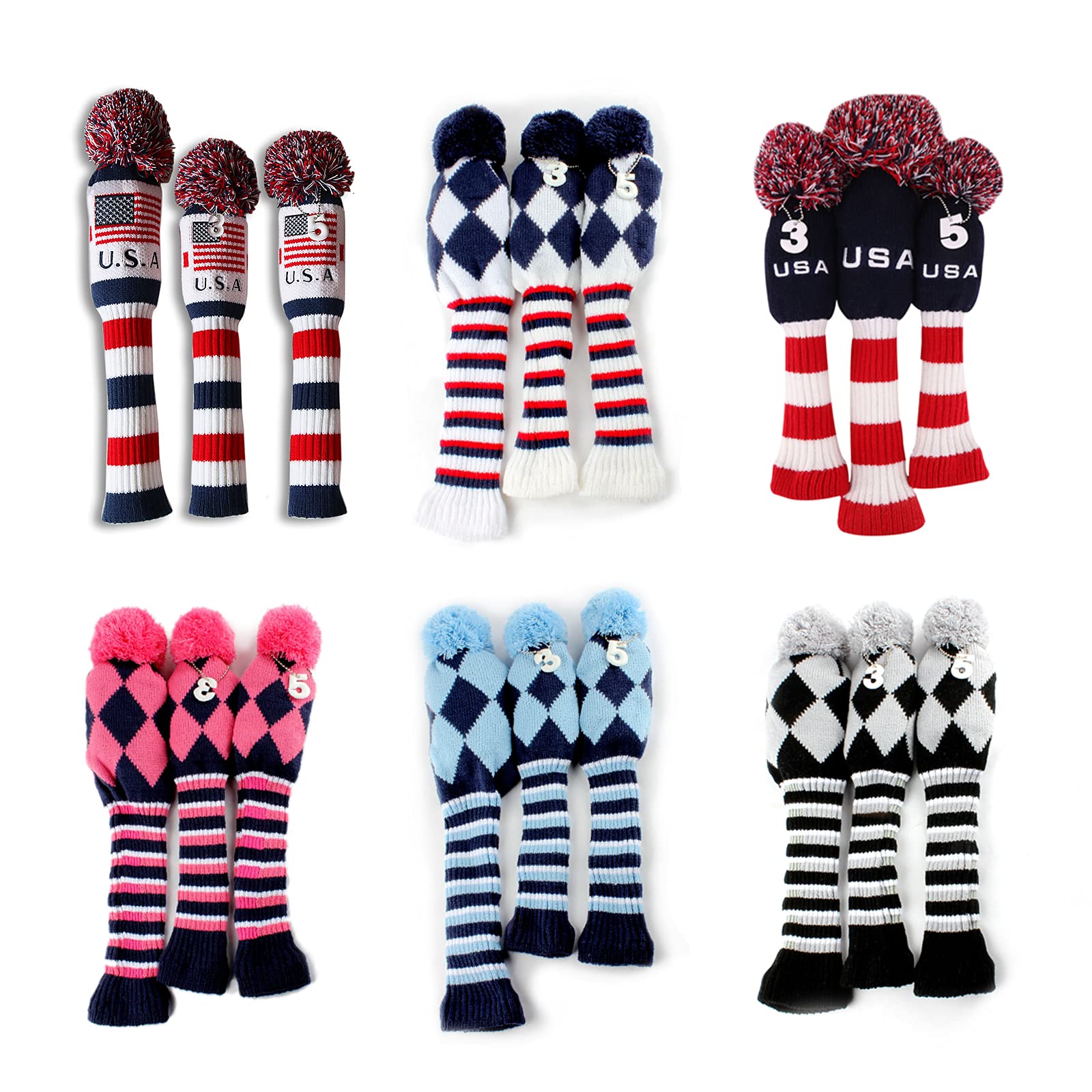 Golf head cover knit diamond series with cute number pendant 3-piece set driver cover wood cover No. 3 and No. 5 (red and blue)
Golf head cover knit diamond series with cute number pendant 3-piece set driver cover wood cover No. 3 and No. 5 (red and blue)